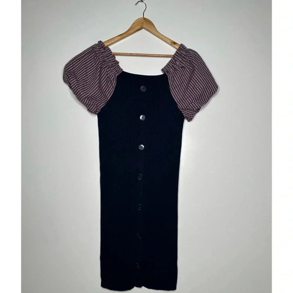 Maeve Anthropologie Navy Button Up Ribbed Knit Puff Sleeve Dress Size Large - Picture 3 of 10